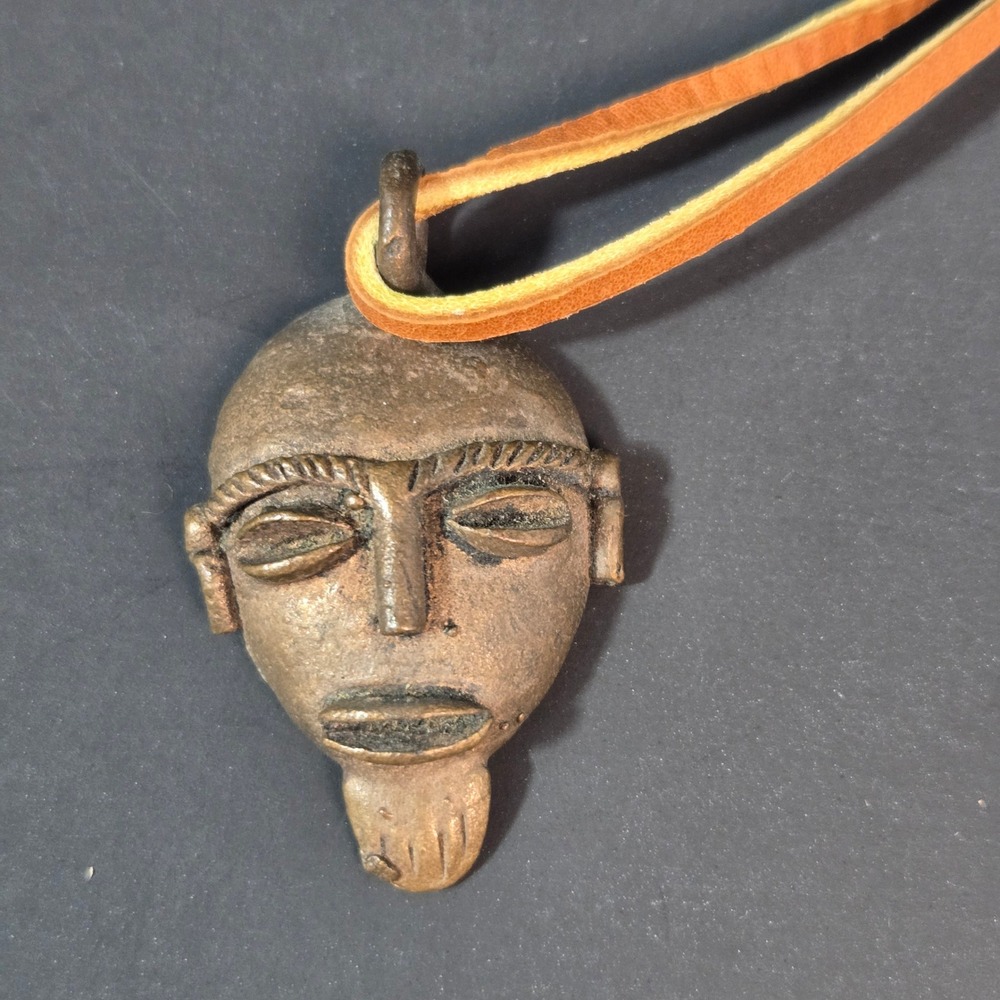 Vintage African Tribal Mask Pendant Bronze Tone Face Necklace Leather Cord Boho